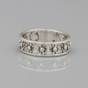 มือแกะสลักออกแบบออกซิไดซ์เงินแท้925ดอกไม้วงแหวนแหวนเงินธรรมดาแหวน - Product Image 2