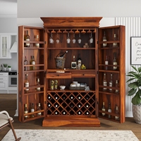 Meuble de rangement haut en teck massif écologique de qualité supérieure, style antique, pour vins et spiritueux, avec rangées de présentation, grand espace de rangement et porte-verres, pour la maison