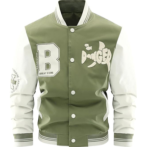 แจ็คเก็ตบอมเบอร์แบบเย็บปะติดสำหรับทุกเพศเสื้อแจ็กเก็ตปักลายหนังแขนเสื้อกันลมเสื้อเบสบอลตัวอักษร - Product Image 1