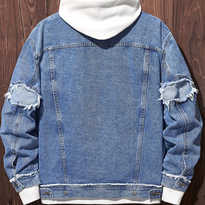 Veste décontractée pour homme, col mandarin, jean déchiré, veste en denim avec des patchs pour homme - Product Image 3