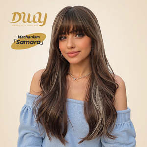Samara- DWY Wavy MiraScalp Tea Brown Glueless Synthetic <b>Wig</b> with Light Brown Lace Highlights - Product Image 1