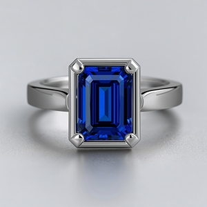 9K <b>White</b> <b>Gold</b> Baguette Cut Blue <b>Sapphire</b> Rhodium Plated Wedding Party <b>Ring</b> Minimal Bezel Design Slim Modern Fine Jewelry OEM - Product Image 6