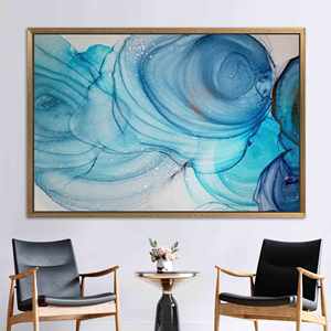 Tableau sur toile imprimé marbre abstrait moderne - Décoration bleue élégante, 1P : encadrement doré - Product Image 1