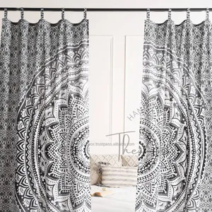 印度棉质工艺品嬉皮士房间窗户处理门帘Ombre悬垂黑色灰色印花花卉设计波西米亚风格