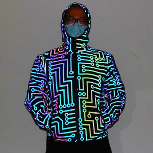 Men's Hooded Reflective Circuit Pattern Windbreaker <b>Jacket</b> Streetwear Geometric Print Zipper Closure Lightweight Autumn <b>Techwear</b> - Product Image 2