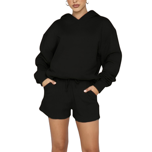 Nouveau femmes décontracté automne hiver ensemble de shorts Logo personnalisé chaud polaire tenues femmes sweats à capuche et sweat-shirts ensembles - Product Image 4
