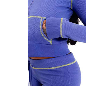 Custom Waffle Knit Sets <b>Women</b> <b>Thermal</b> Zipper Hoodie Jacket and Flared <b>Pants</b> Tracksuit <b>Womens</b> 2 Piece Sets - Product Image 4