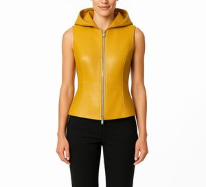 Gilet à capuche en cuir véritable pour femme, nouveau style, fermeture éclair, 2026 - Product Image 5