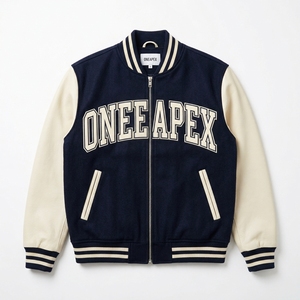Blouson zippé en mélange de laine bleu marine et crème pour homme, avec broderie personnalisée, col et poignets en tricot côtelé, style streetwear décontracté, vente en gros USA - Product Image 1