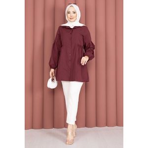 Blusa de Algodón Borgoña para Mujer, Camisa con Volantes, Cuello con Botones Decorativos, Manga Abullonada, Cintura Holgada con Detalle Fruncido, Estilo Casual Occidental - Product Image 4