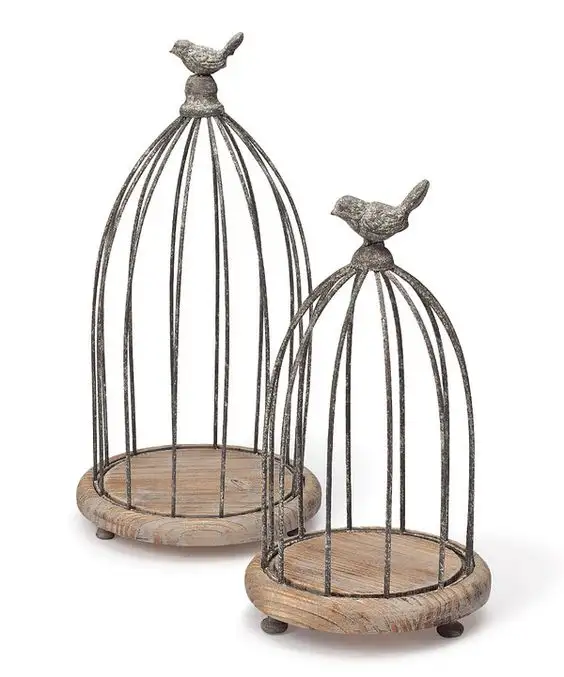 Juego de productos de alta demanda de 2 jaulas de pájaros colgantes de Metal Color plateado antiguo con Base de madera utilizada para la decoración del hogar Jaulas de pájaros elegantes