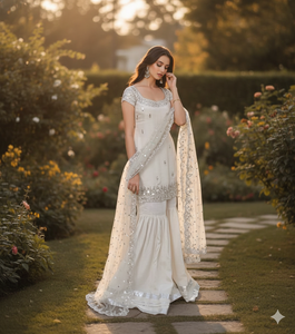 Traje Sharara para Fiesta, Vestido Bollywood, Ropa India Pakistaní para Mujer, Traje Sharara Gharara para Boda, Vestido Blanco con Pedrería Real - Product Image 3