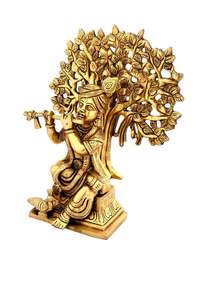 SHUBHAM Handicrafts 8 pulgadas latón dorado sentado Krishna con árbol decorativo hogar Showpiece artesanías de Metal - Product Image 2