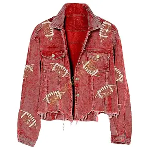 Red Womens Corduroy Sequin Jacket - Cropped Rugby Patched Shacket Coat with Distressed Finish for Contemporary Appeal