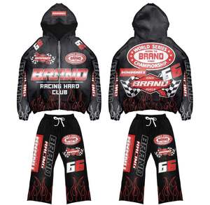 Ensemble unisexe d'hiver décontracté en molleton épais tricoté avec pantalon évasé et sweat à capuche, imprimé numérique OEM sur toute la surface - Product Image 1