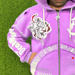 Sweats à capuche en coton mélangé 3D avec impression bouffante à fermeture éclair pour hommes sweats à capuche vintage délavés au soleil pour hommes - Product Image 4