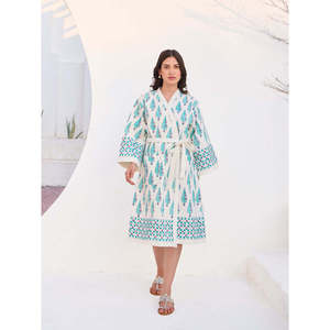 Women's Embroidered Cotton Fleece Robe V-Neck Long Sleeve Full Length Floral Print Casual Summer Wear Breathable Tie Closure - Product Image 1