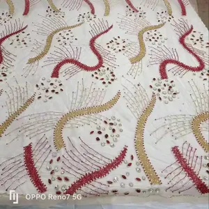 Meilleur prix 100% polyester luxe perlé tissu Zircon brodé à la main fournisseur indien tissé maille antistatique pour les vêtements - Product Image 1