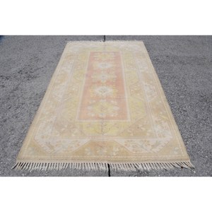 Vintage Turkish Rug Large 5.2 X 8.4 ft Patchwork Design Pink <b>Yellow</b> <b>Wool</b> Latex for Teens Rectangular Area Rugs for Hallway Use - Product Image 1