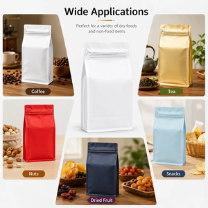 Sacs à café à fond plat de haute qualité sans valve avec fermeture éclair, emballage en aluminium personnalisé avec logo, 100g 250g 500g <span class=keywords><strong>1kg</strong></span>, vente en gros OEM - Product Image 2