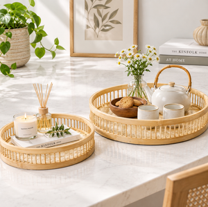 Ensemble de plateaux de rangement ronds en bambou, empilables, à un seul niveau, design minimaliste, finition naturelle non traitée, pour table - Product Image 2