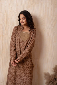 DHOOP CHAAV marron coton bloc à la main 3 pièces ensemble décontracté imprimé fleuri robe pour adolescents taille naturelle organza creux - Product Image 4