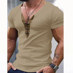 T-shirt classique pour homme, vintage, col en V, cordon de serrage, patchwork, décontracté, manches courtes, coupe ajustée, t-shirts pour homme, pulls de loisirs d'été - Product Image 2
