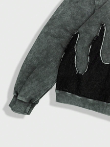 Sudadera con capucha vintage con cremallera lavada y detalle de puntada de llama negra, Sudadera con capucha desgastada en blanco de Terry francés de algodón para hombre, chaqueta con - Product Image 4