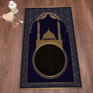 Alfombra de Oración Azul Marino: Alfombra Musulmana Islámica con Detalles Dorados, Alfombra Delgada No Tejida - Product Image 5