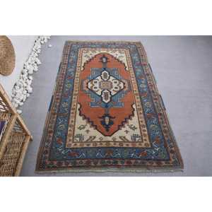 พรมขนแกะสีน้ำตาลน้ำเงินคลาสสิกขนาด3.8X6ฟุตดีไซน์แบบปะต่อแผ่นยางรองด้วยยางมีความนุ่มแบบแอบสแตรกสี่เหลี่ยมผืนผ้าสำหรับห้องนั่งเล่นโถงทางเดิน - Product Image 1