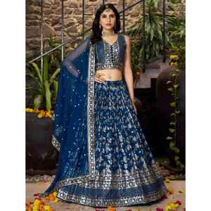 Impresionante azul Dola seda Jacquard Lehenga Choli conjunto intrincado plata Zari Floral brillo para fiestas - Product Image 1