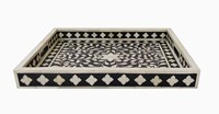 Nampan Sajian Multifungsi Persegi Panjang Motif Bunga Bohemian Vintage dengan Inlay Tulang, Ukuran Besar Hitam Putih untuk Dekorasi Rumah Diwali