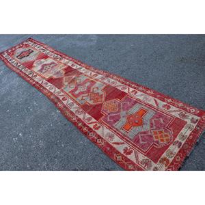 Turkish Vintage Herki <b>Runner</b> Rug 2.7x13.3 ft, <b>Red</b> Striped Rug Wool - Product Image 4