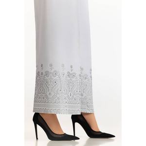 Pantalon taille haute blanc en soie brute imprimée au bloc TR-24-21 en tissu crêpe respirant avec broderie décorative 100% soie - Product Image 2