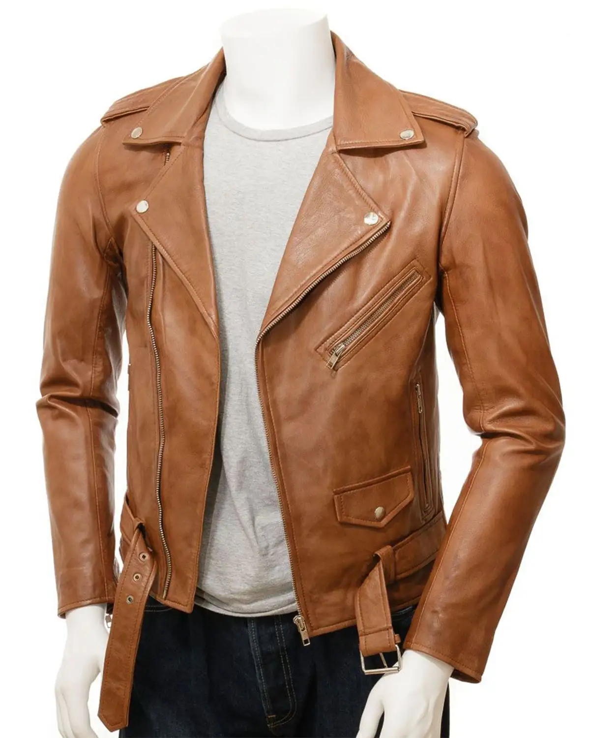 Men's Classic Brando Style Tan Biker Leather Jacket, Women Leather Biker Jackets