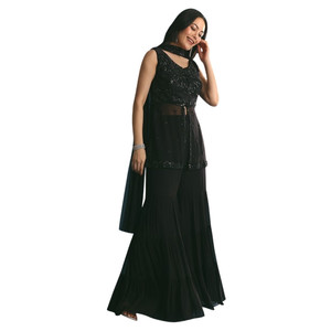 Vente en gros georgette noire Peplum Kurta Sharara sertie de paillettes de perles pour réception de mariage et commandes ethniques personnalisées - Product Image 2