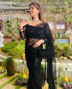 Indian Pakistani Bollywood Style Premium Black Net Saree Superventas Hit Design Sequence Sari Blusa Bodas Último Exclusivo - Product Image 1