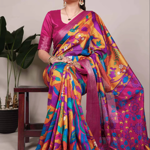 Saree en soie rose Tussar avec motifs de temple Bloc à la main imprimé Style traditionnel Tenue de fête Saree Blouse Pièce Pure Soie de mûrier - Product Image 1