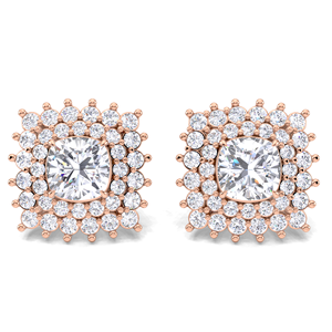 Boucles d'oreilles clous en diamant taille coussin 1,74 carat avec halo, en or jaune, blanc et rose 9K, fermoir à vis, bijoux de luxe pour mariée - Product Image 1