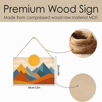Décoration Murale en Bois Paysage Montagne Soleil 30x20cm, Panneau MDF avec Corde de Jute, Vignes Rétro, Formes Géométriques Abstraites pour Salon