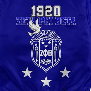 Zeta Phi Beta Womens Greek Apparel 1920 Satin Jacket Blue <b>White</b> ZPB Sorority Shield Embroidery Premium Varsity Wear - Product Image 4