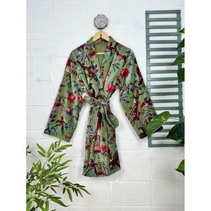Luxury Unisex <b>Kimono</b> <b>Jacket</b> Elegant Bird Green Malibu Bluish Reversible <b>Silk</b> Lined Autumn Winter House Robe-One Size Fits All - Product Image 1