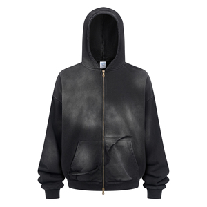 100% Cotton Acid Washed <b>Black</b> Vintage Streetwear Men's Custom Oversized <b>Hoodie</b> Embroidered Full Zipper <b>Hoodie</b> for Autumn - Product Image 1