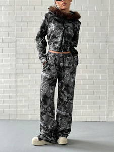 Sweat-shirt à capuche imprimé feuille arbre nu camouflage vintage ensemble de pantalons de survêtement léger automne hiver ensemble 2 pièces Applique Technique basse - Product Image 6