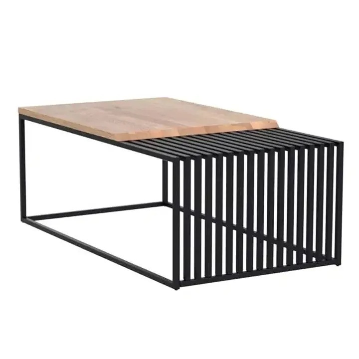 Mesa de centro de madeira de ferro com acabamento natural, revestido de metal preto, novo design, estilo moderno para sala de estar, design luxuoso, quarto de hóspedes