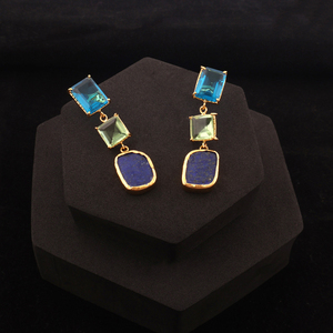 ต่างหูห้อยพลอยแบบกําหนดเองลอนดอนบลูควอตซ์, ควอตซ์อเมทิสต์สีเขียวพร้อมต่างหูลาพิสลาซูลีแท้ห้อยชุบทอง - Product Image 4