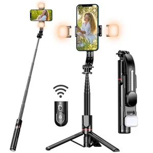 Yükseltilmiş Tripod Selfie sopa ile 2 dolgu ışığı ile ekstra uzun 44.9 inç telefon tutucu Tripod ile ayrılabilir uzaktan