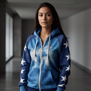 Sudadera con capucha y cremallera con sublimación de estrellas OEM para mujer, Sudadera con capucha con cremallera y estampado gráfico de gran tamaño para correr para mujer - Product Image 4