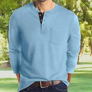 Mens 2025 Fashion Anti-Wrinkle Henley <b>Shirts</b> <b>Long</b> <b>Sleeve</b> Button Cotton T-<b>Shirt</b> with Front Pocket Solid Style Casual - Product Image 1