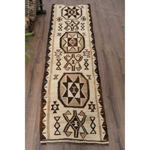 Vintage Turkish Kilim Runner Rug 2.2x7.9 ft, <b>Brown</b> Check Rug <b>Wool</b> - Product Image 1